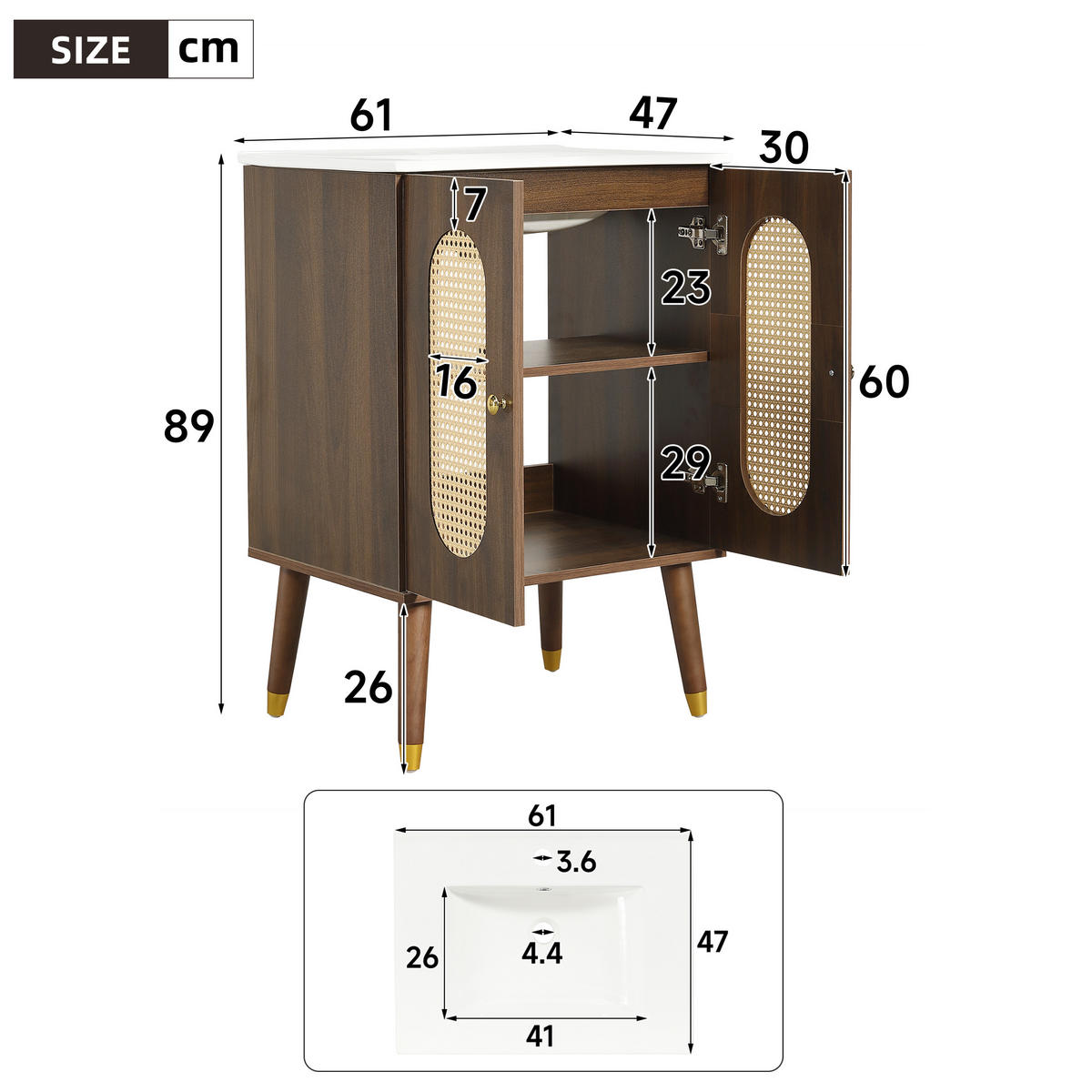 BADEZIMMERSCHRANK Rattan Türen Keramik Waschbecken Stauraum 61cm - Walnussfarben, Keramik (61/89/47cm) - FLIEKS