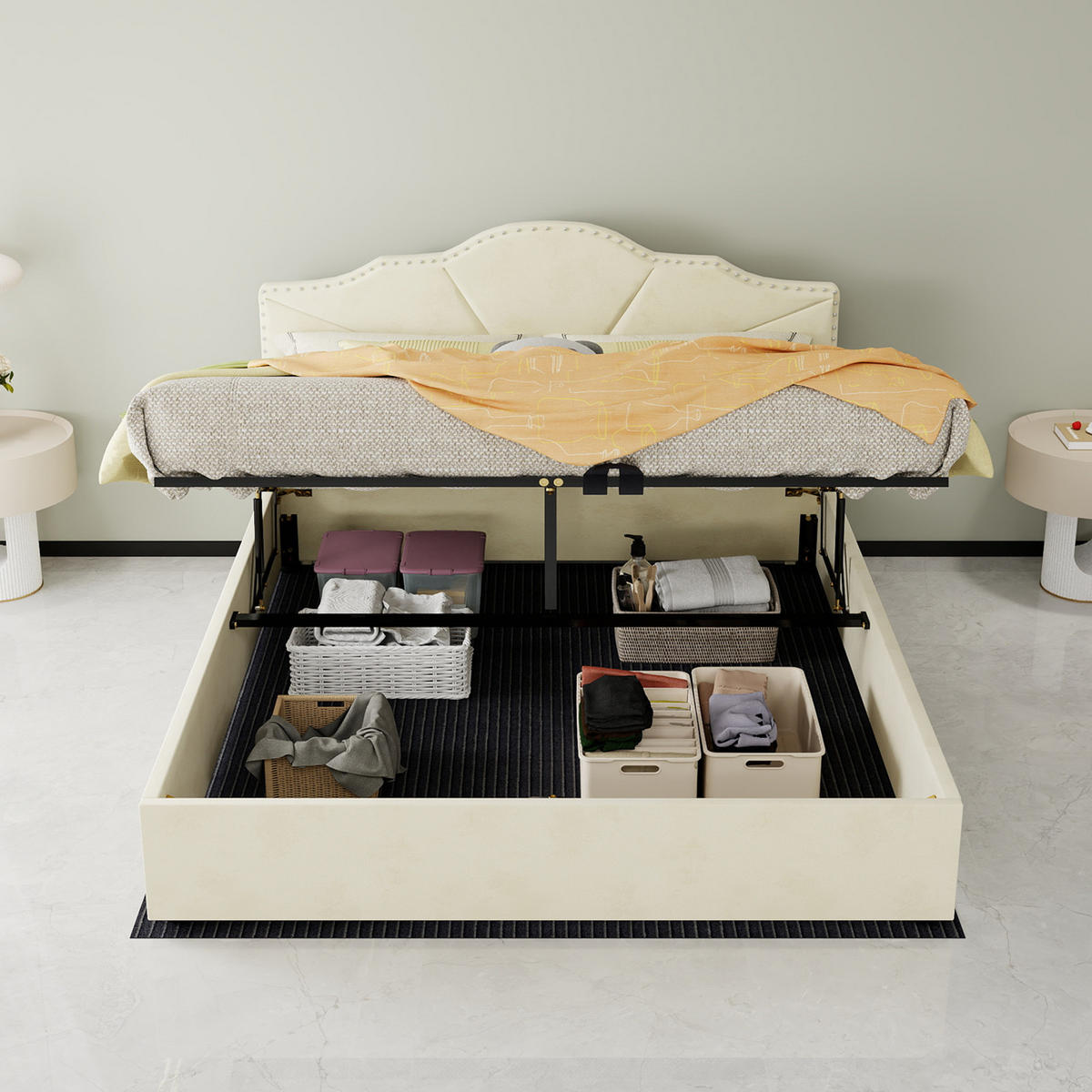 POLSTERBETT 160/200 mit hydraulischem Bettkasten und gepolstertem Kopfteil aus Holland-Samt in Beige - Beige, Holzwerkstoff/Textil (160/200cm) - EVRYAE