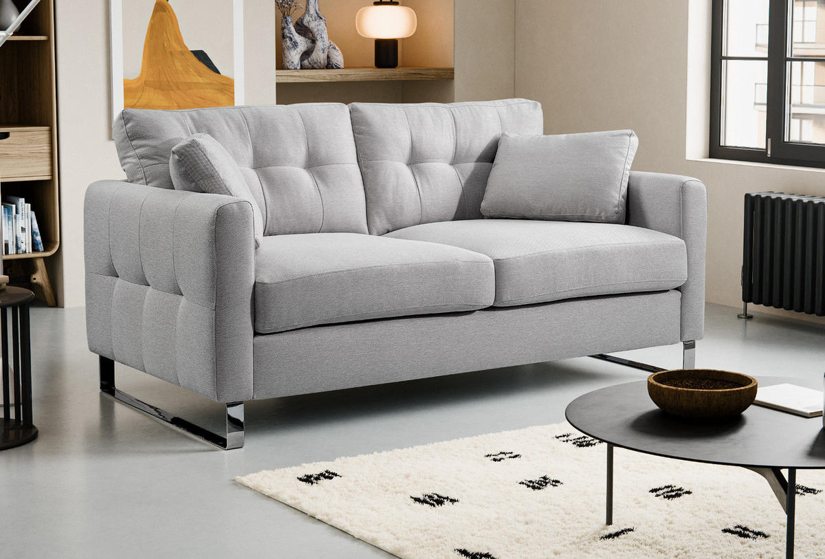 SOFA hellgrau Flachgewebe 2-Sitzer 175 cm, Couch mit Steppoptik - Chromfarben/Hellgrau, Holz/Textil (175/92/94cm) - Inn.Furn