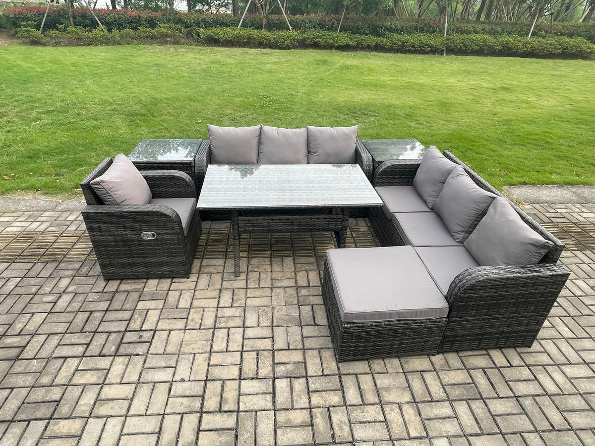 GARTENTISCHGRUPPE mit 2 Beistelltischen Polyrattan Dunkelgrau 8-Sitzer - Dunkelgrau/Grau, Glas/Kunststoff - Fimous