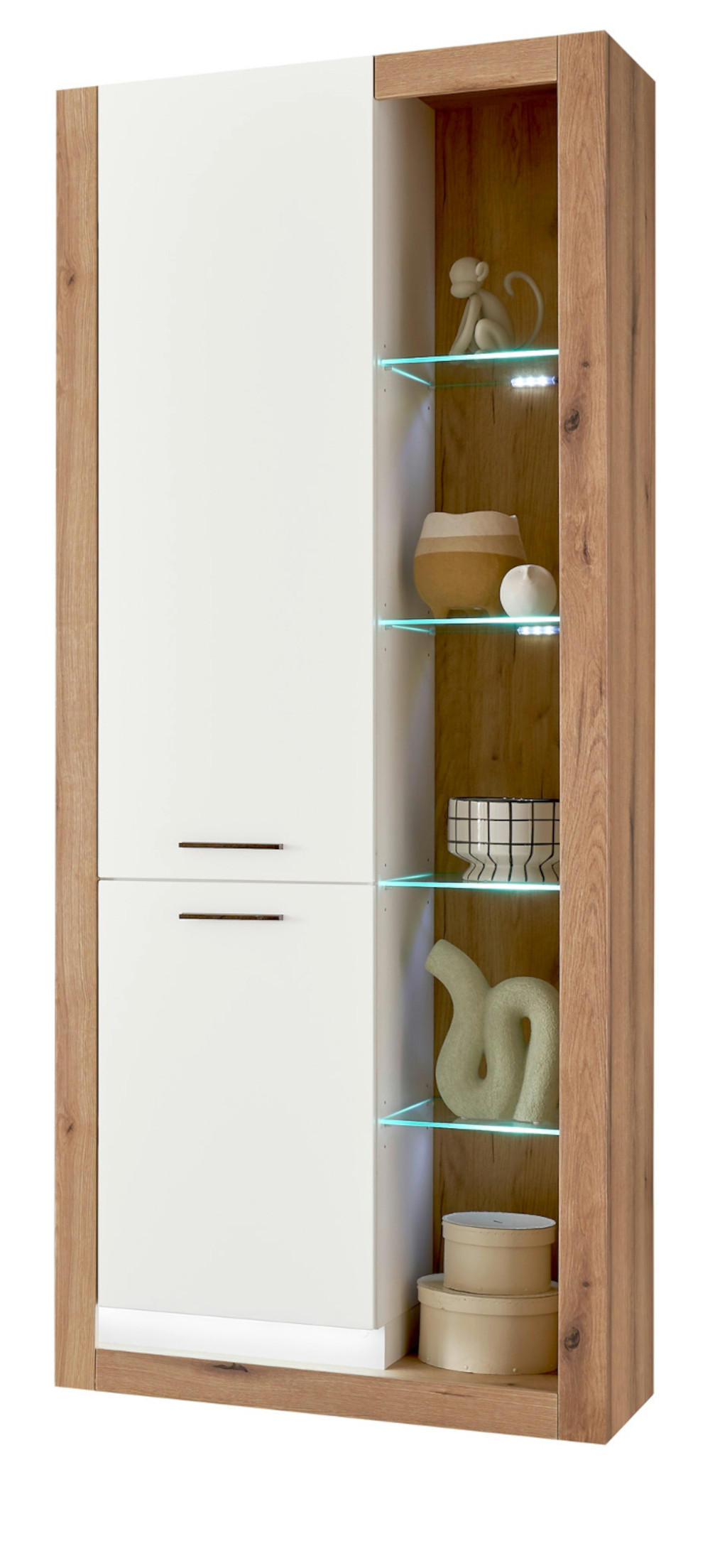 VITRINE weiß matt, Evoke Eiche, Vitrinenschrank 80 x 195 cm - Eichefarben/Silberfarben, Glas/Holzwerkstoff (80/195/37cm) - Furn.Design