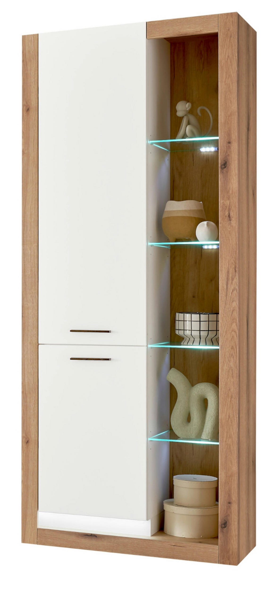 VITRINE weiß matt, Evoke Eiche, Vitrinenschrank 80 x 195 cm - Eichefarben/Silberfarben, Glas/Holzwerkstoff (80/195/37cm) - Furn.Design