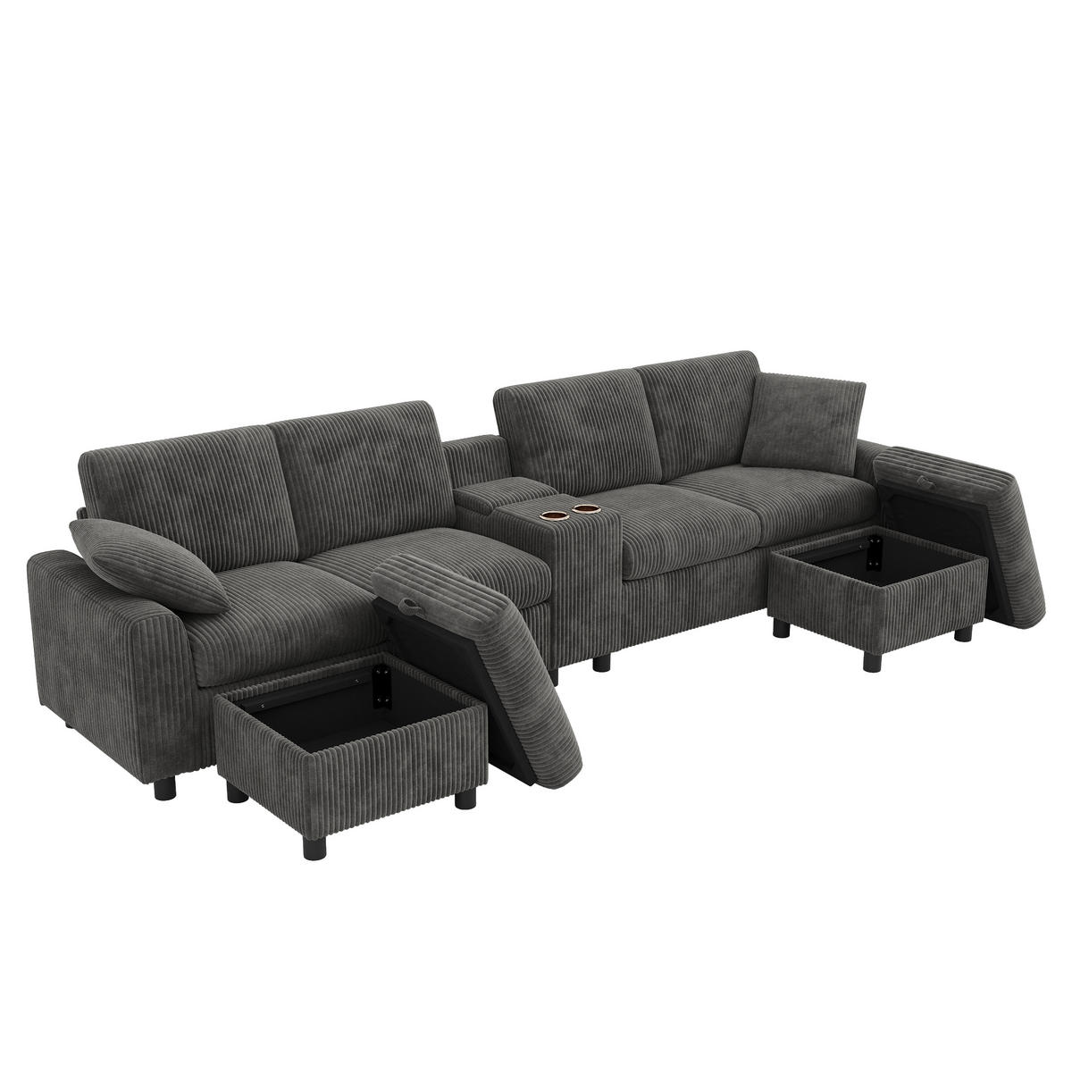 WOHNLANDSCHAFT 315/135/81 cm Grau mit 2 Fußhocker mit Stauraum und 1 Couchtisch - Grau, Textil (315/81/135cm) - Oxeza