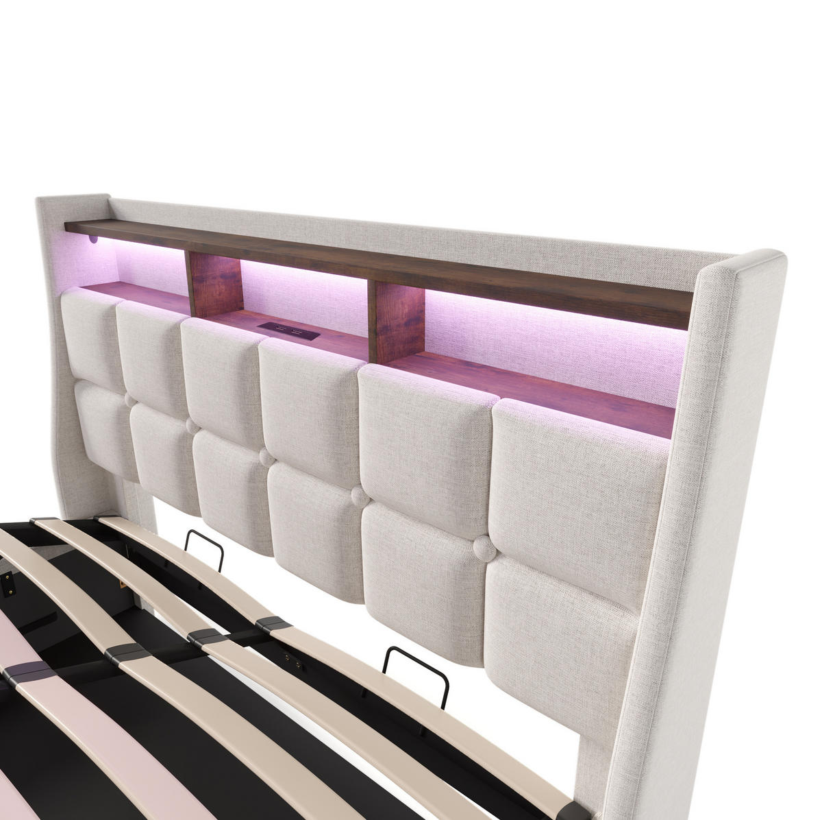 POLSTERBETT 160/200 cm Beige aus Leinen mit LED, USB und Bettkasten - Beige, Textil (160/200cm) - OKMYHOME