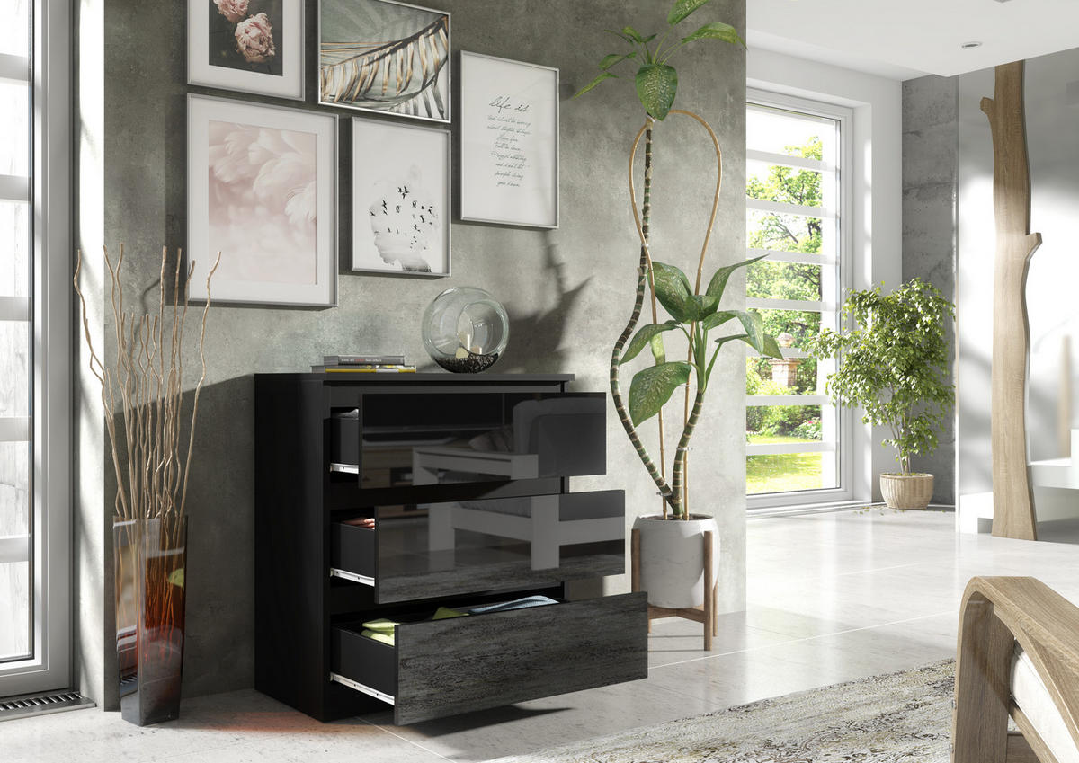 KOMMODE NUDO 70/78,5/39cm mit 3 Schubladen Türen Schwarz - Schwarz Hochglanz/Schwarz, Holzwerkstoff (70/78.5/39cm) - MASSENO