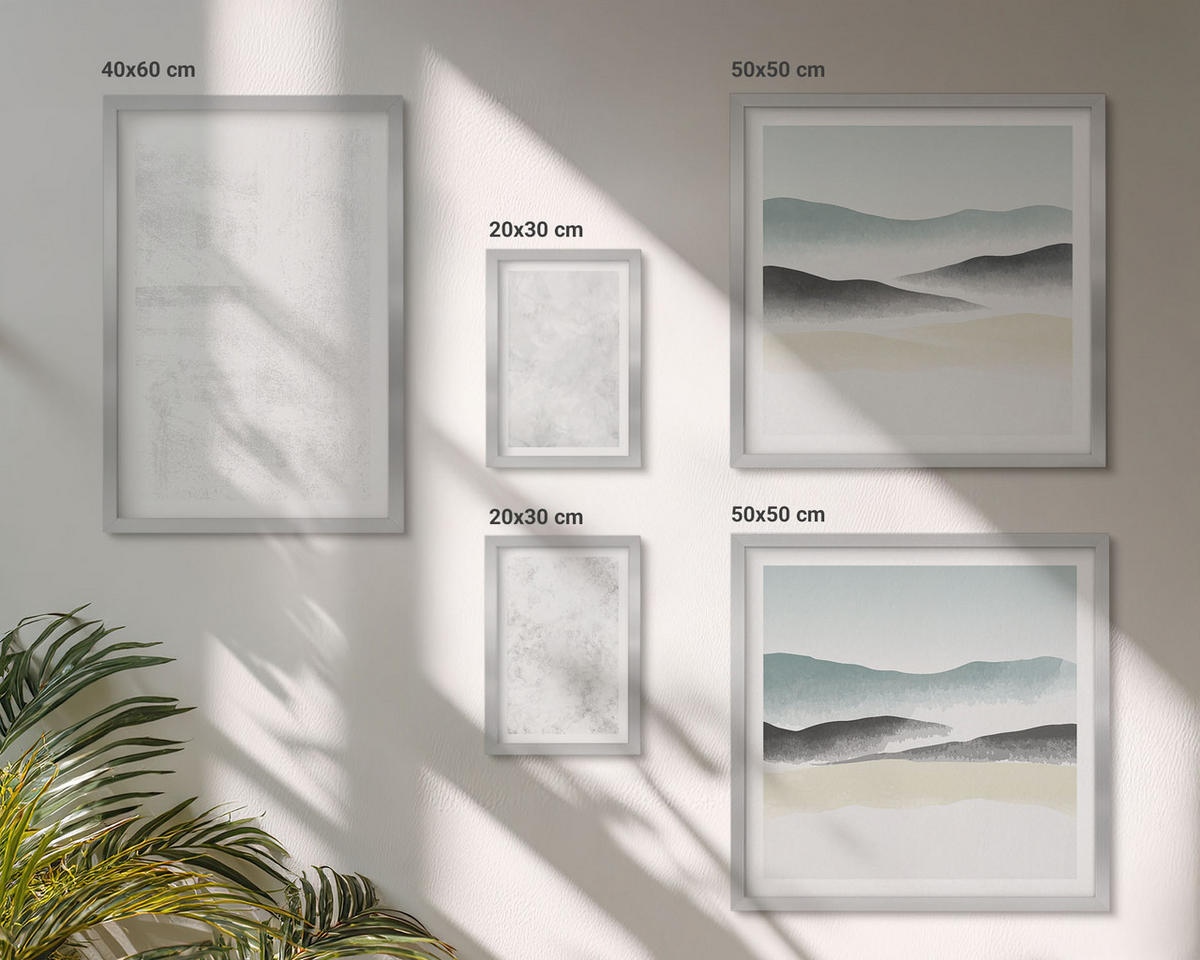 BILDER SET 5er Set - 50x50 cm & 20x30 cm & 40x60 cm Silberner Rahmen - Weiße Flecken auf Leinwandhintergrund - Silberfarben, Kunststoff (40/60cm) - TULUP