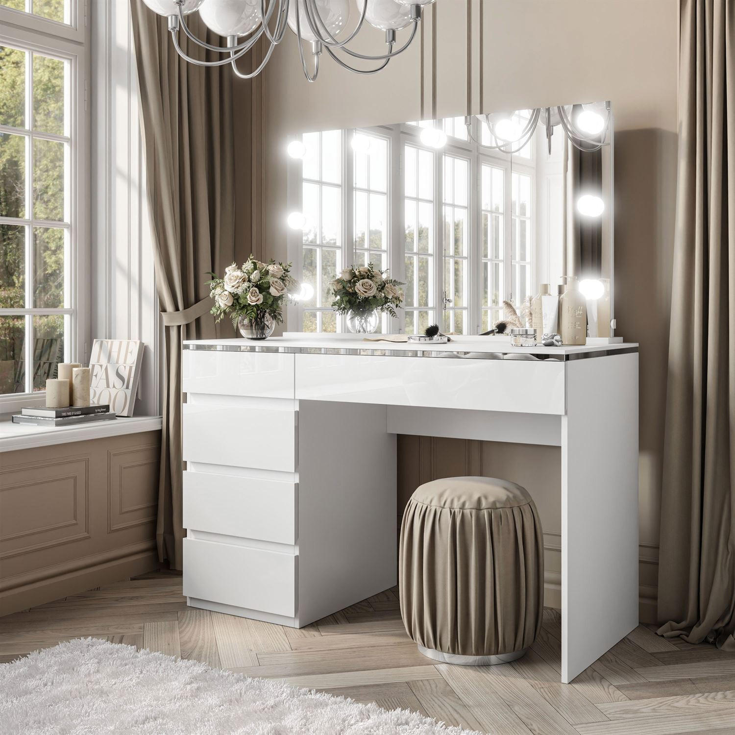 SCHMINKTISCH AURORA II SILVER ELITE mit Spiegel und Beleuchtung - Weiß Hochglanz, Holzwerkstoff (120/78.5/55cm) - Lookway