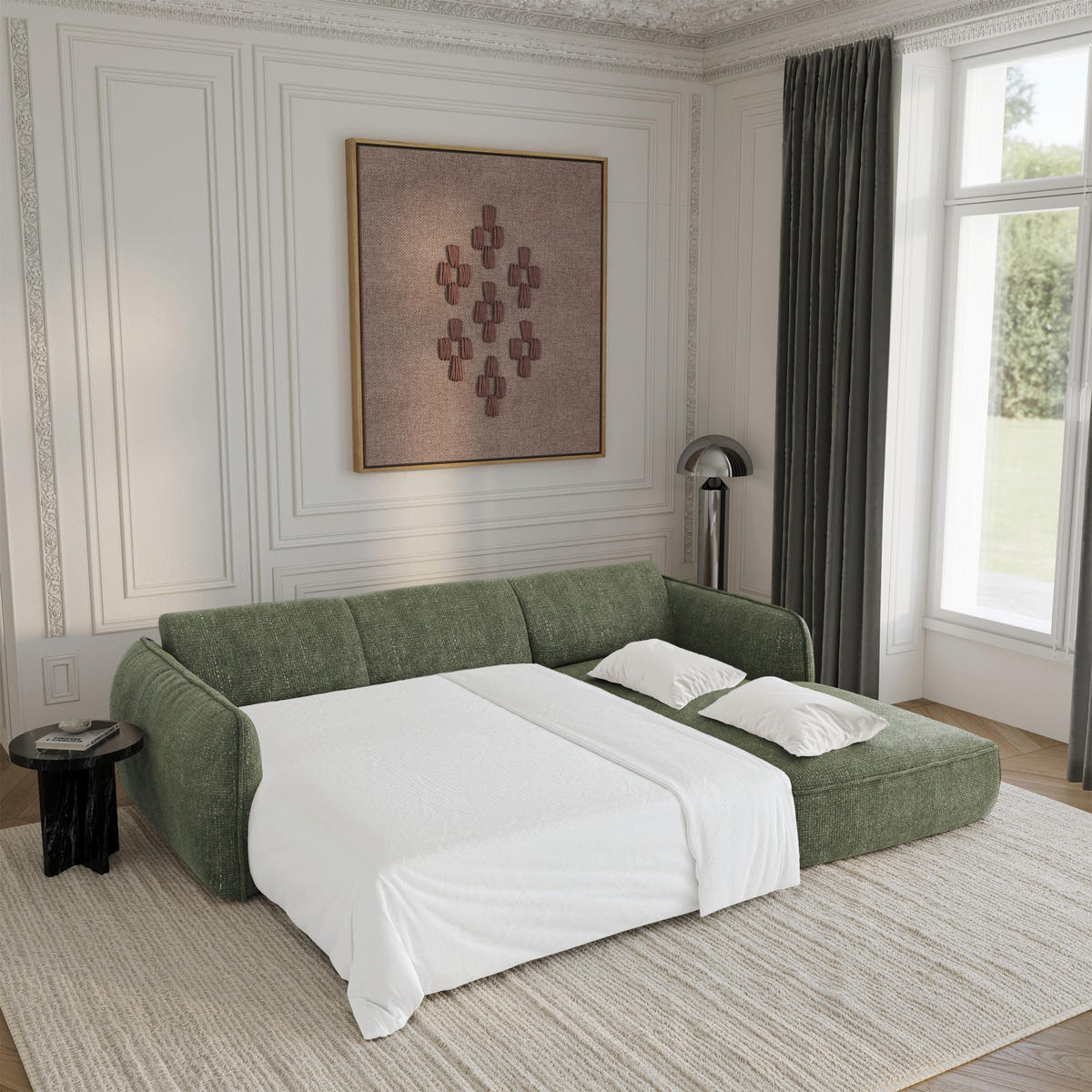 ECKSCHLAFSOFA Rastervelours 274cm - Olivgrün, Textil (274/174cm) - Sia Home