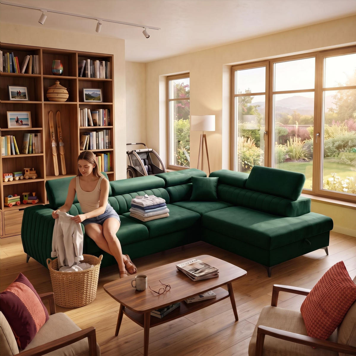 ECKSOFA PIERO L Rechts mit Schlaffunktion 195x125 Velours Dunkelgrün - Dunkelgrün/Schwarz, Holz/Textil (203/268cm) - Muffo