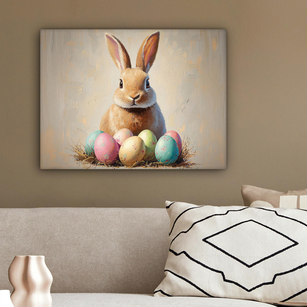 LEINWANDBILD Osterhase - Pastell - Eier Wandbild 40x30 cm - Beige, Textil (40/30cm) - MuchoWow