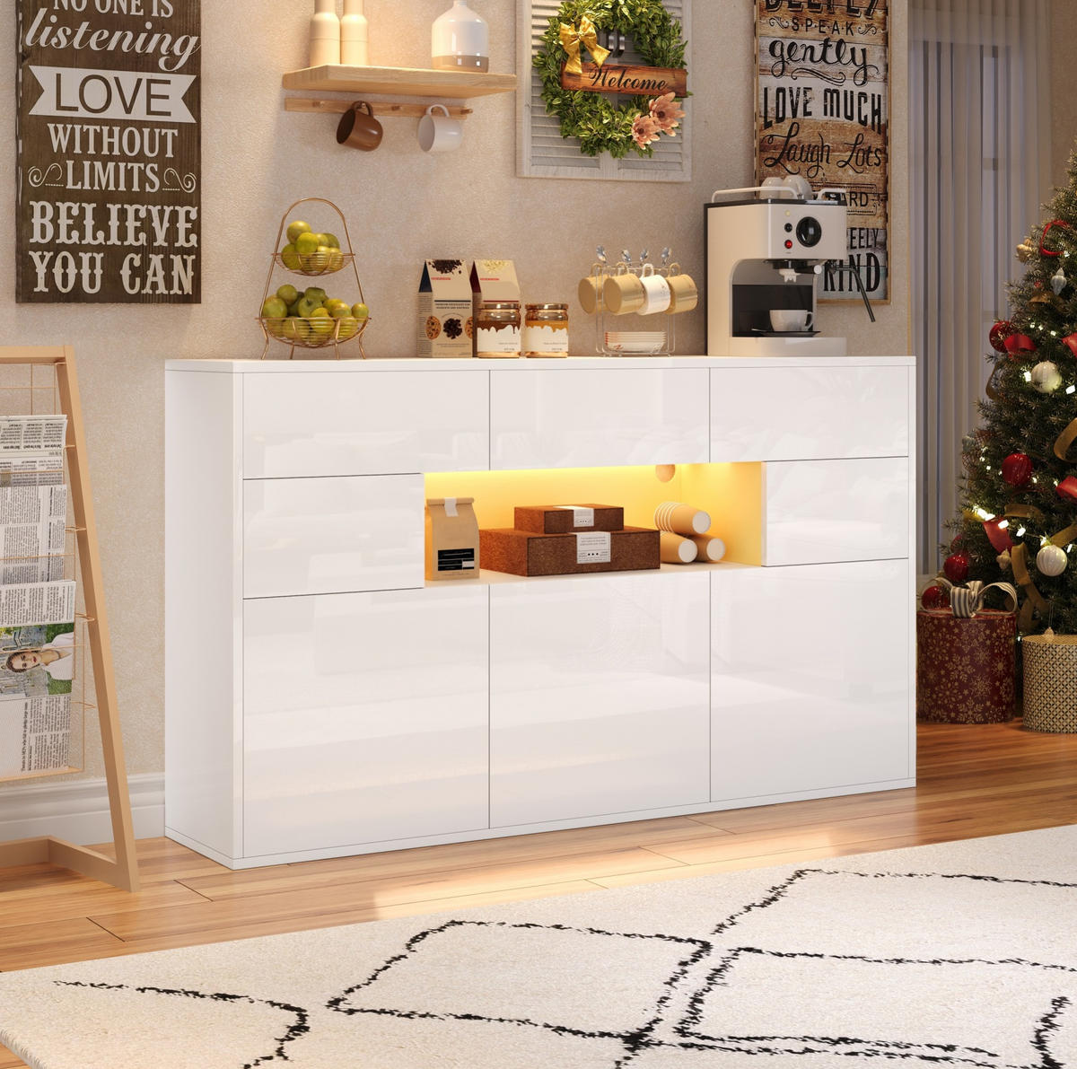 KOMODA 140/30/82 cm od MDF-a s 3 ladice, 5 ormarića i LED rasvjetom, visoki sjaj, Bijela - bijela/bijela visoki sjaj, drvni materijal (140/82/30cm) - Redom