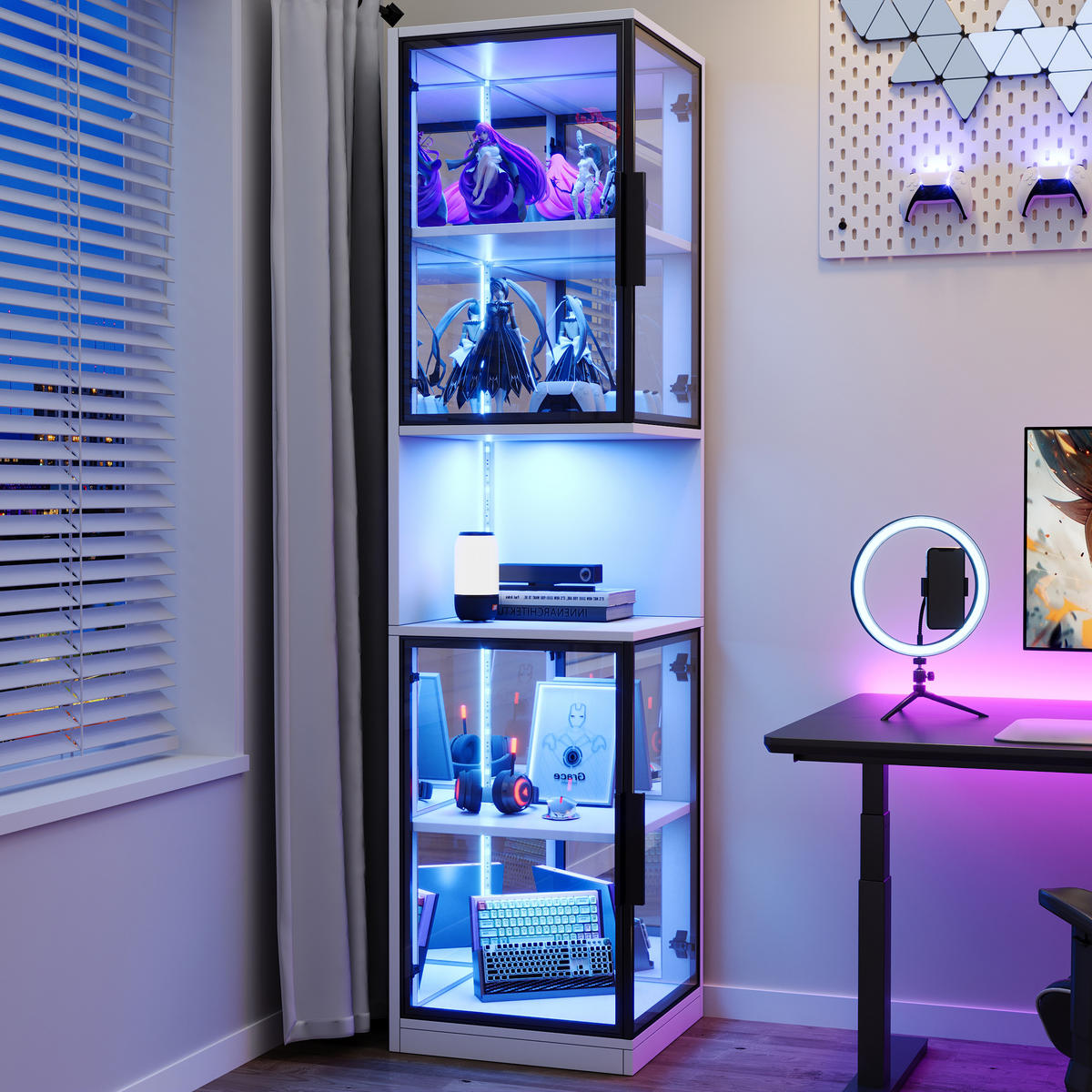 VITRINE 205cm LED Glas Doppel Türen verspiegelte Rückwand modern - Weiß, Holzwerkstoff (44/205/42cm) - FLIEKS