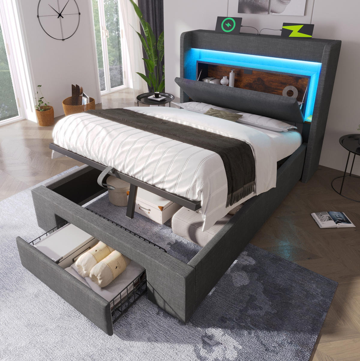 POLSTERBETT 90/200 cm Grau aus Leinen mit Stauraum und LED - Grau, Textil (90/200cm) - OKMYHOME