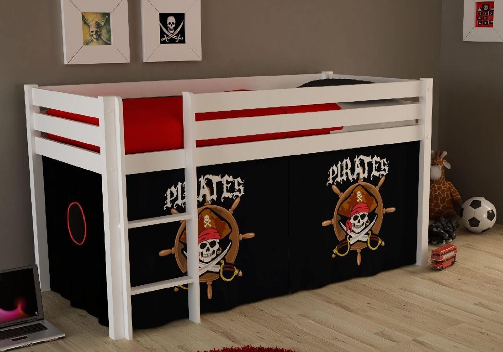 KINDERBETT Karolina 210x114x106 Massivholz Weiß Textilset Pirate - Schwarz/Weiß, Holz (90/200cm) - 58aufmkessel