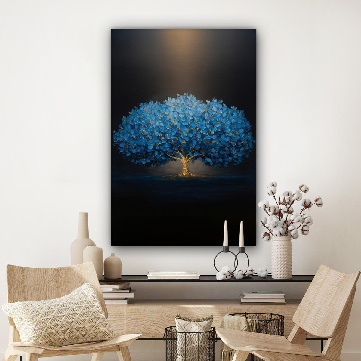 LEINWANDBILD Baum - Blau - Blätter - Pinselstriche Deko XXL 80x120 cm - Blau, Textil (80/120cm) - MuchoWow