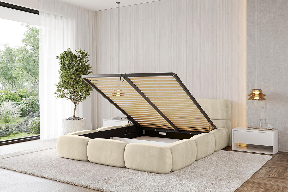 POLSTERBETT mit Bettkasten und Lattenrost, Boxbett ohne Matratze - ELVA-v1 120x200 Beige - Beige, Holzwerkstoff/Textil (120/200cm) - ALTDECOR