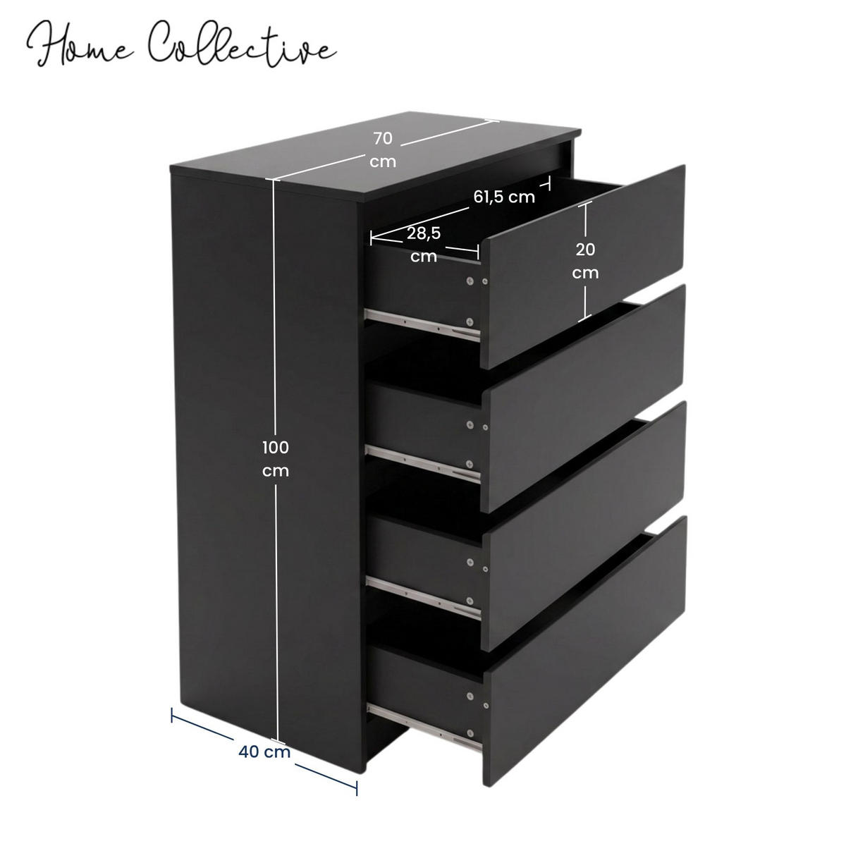 KOMMODE mit vier Schubladen in Schwarz - Schwarz, Holzwerkstoff (70/100/40cm) - Home Collective