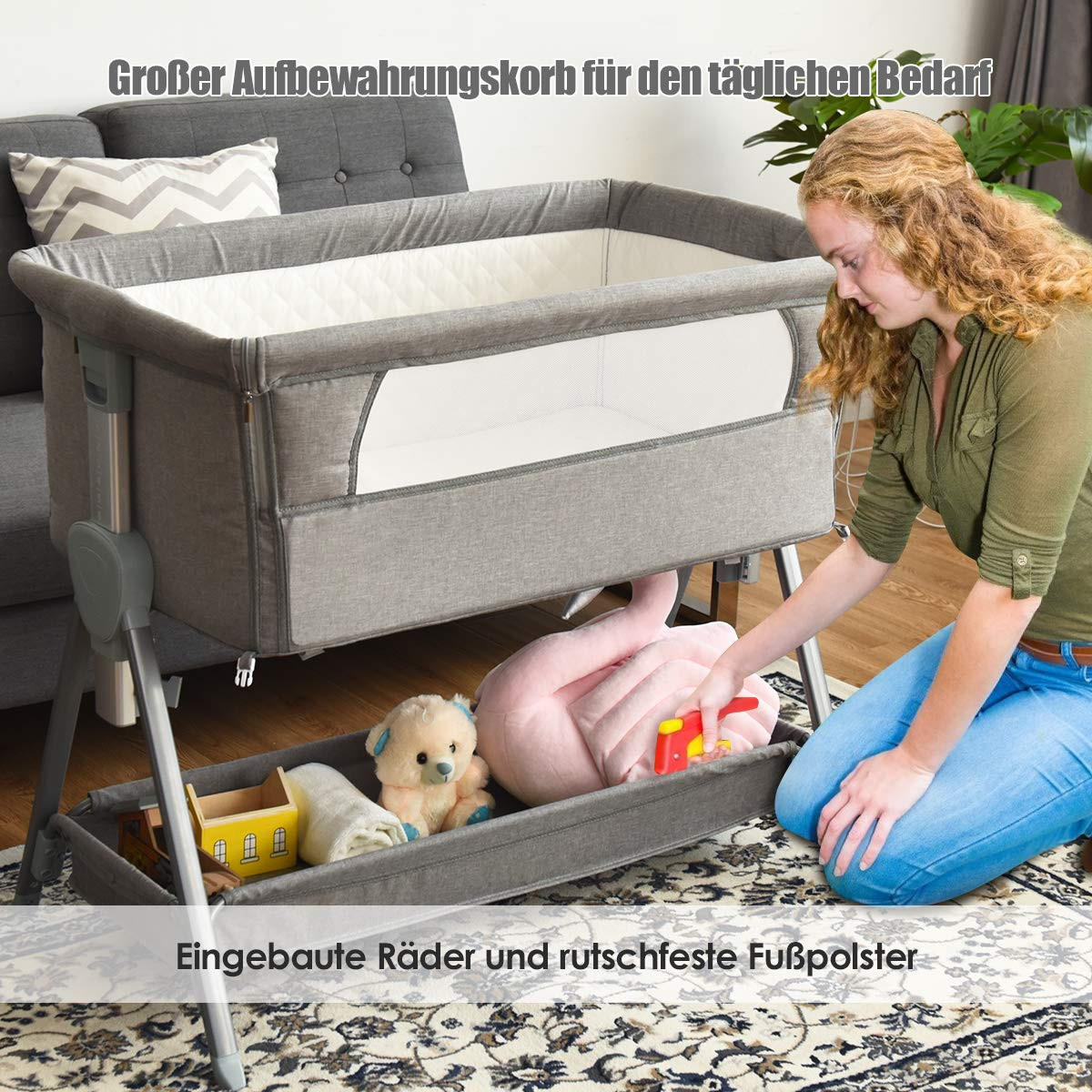 BABYBETT Beistellbett Grau - Grau, Textil - COSTWAY