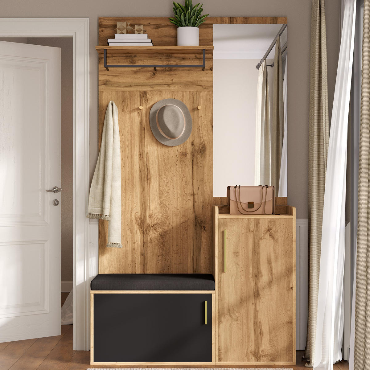 GARDEROBENSET Spiegel Sitzbank Schuhschrank - Naturfarben, Holzwerkstoff (100/185/38cm) - Fortuna Lai