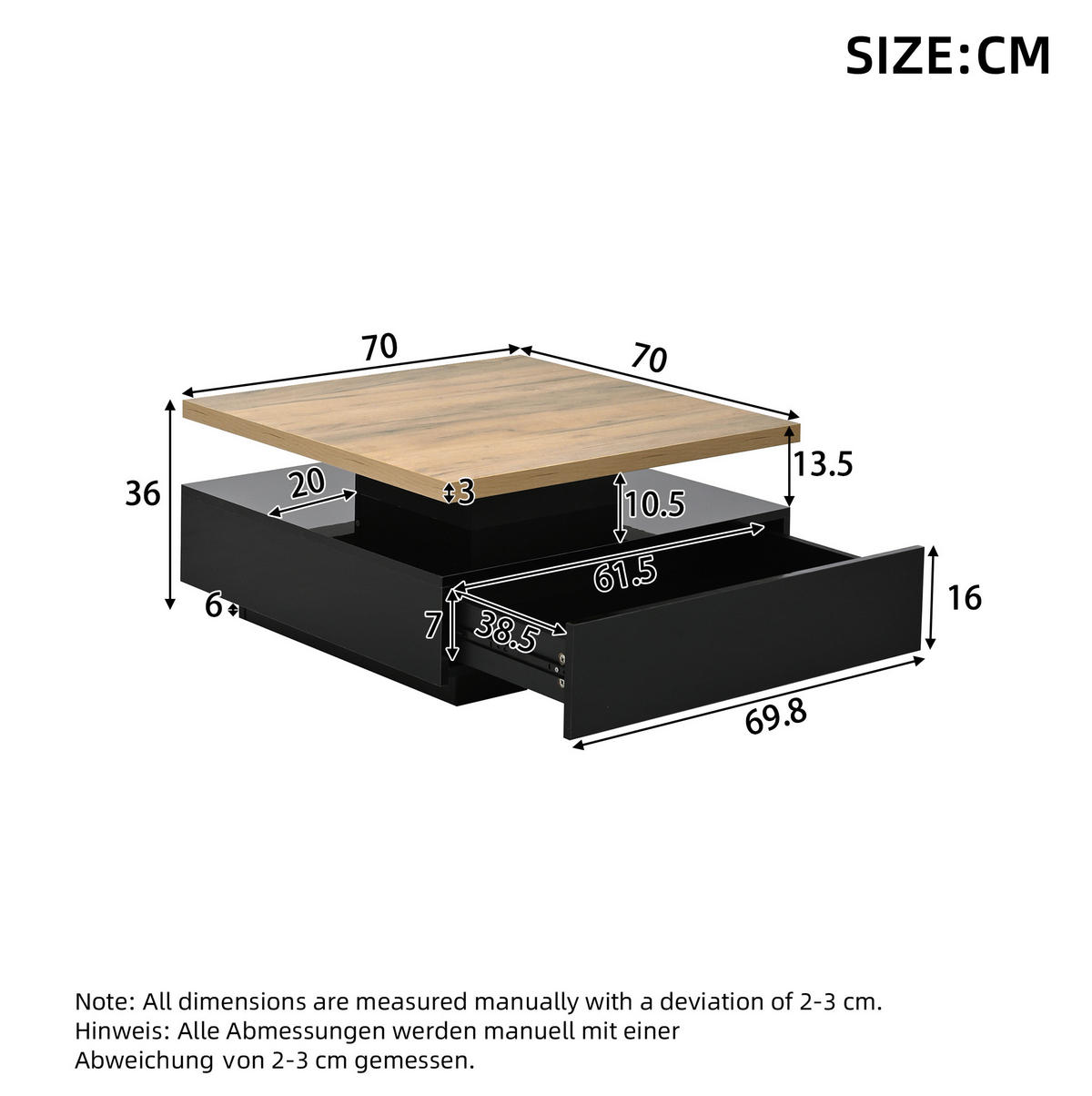 COUCHTISCH 70/70/36 cm mit 360° drehbarer Tischplatte und versteckter Schublade, Walnuss/Schwarz - Schwarz, Holzwerkstoff (70/70/36cm) - Redom