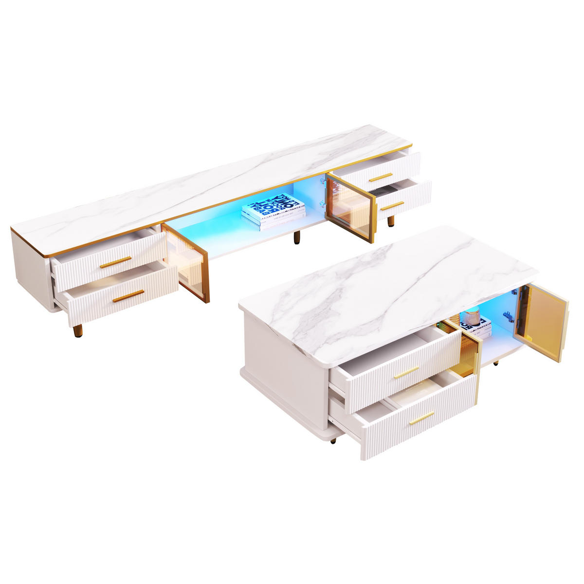 LOWBOARD DE-40544 und Couchtisch mit LED und Glas Weiß - Weiß, Holzwerkstoff (170/37/37cm) - ComfortXL