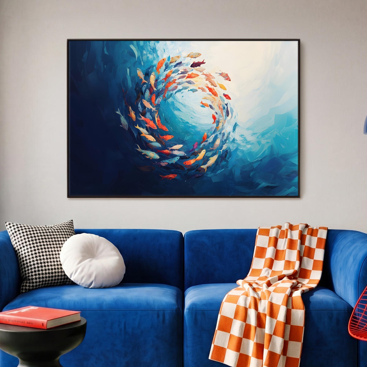 LEINWAND Bilder mit Rahmen - Meer - Fische - Bunt - Dynamisch - 90x60 - Hellblau, Textil (90/60cm) - MuchoWow