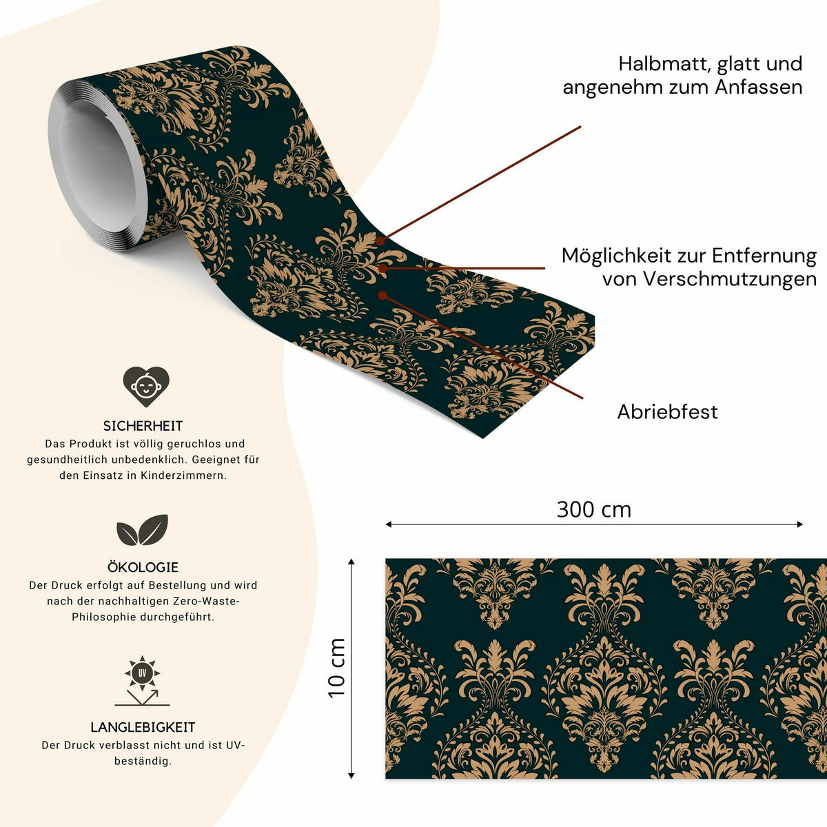 TAPETENBORDÜRE selbstklebend Barock ORNAMENTE Abstraktion - Beige/Schwarz, Papier (10/300/300cm) - Muralo