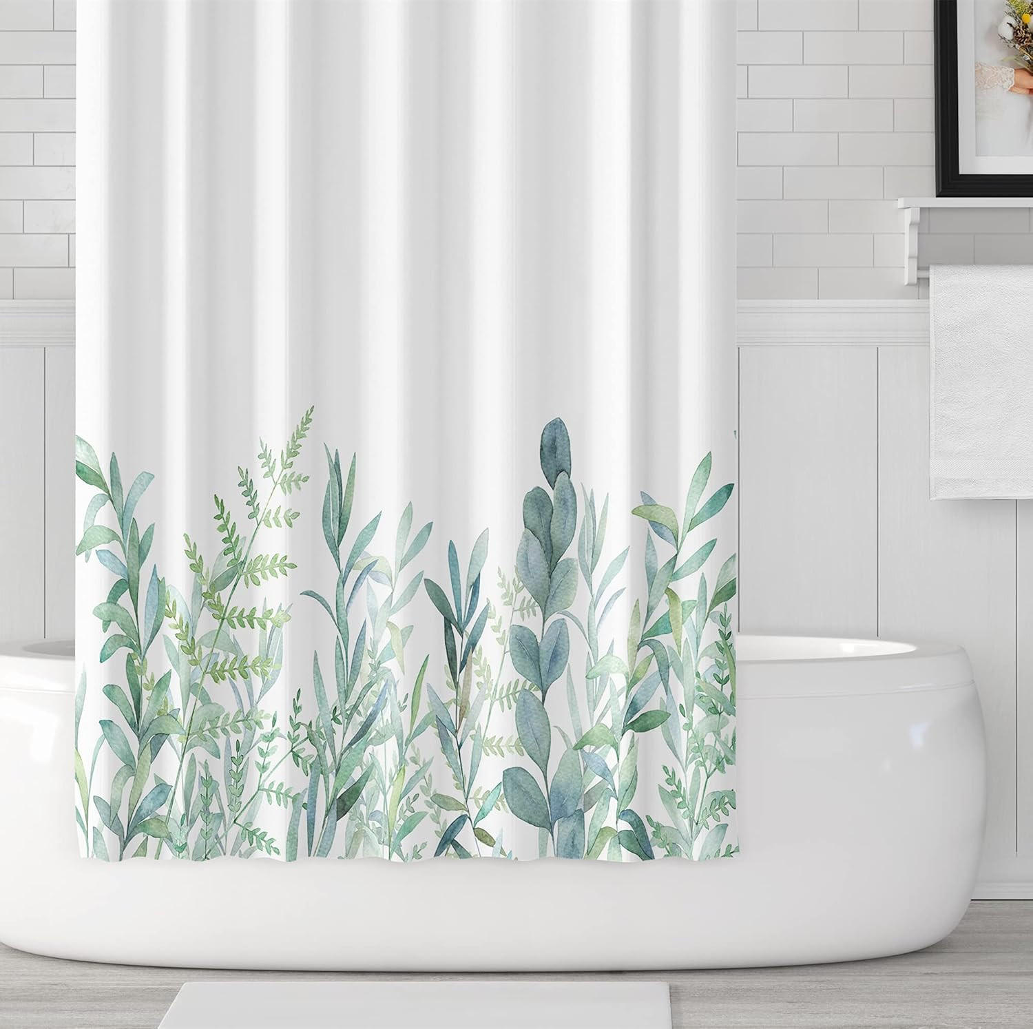 DUSCHVORHANG Stoff mit Muster Blätter Grün und Blumen schimmelresistent waschbar mit Ringen - Weiß, Textil (180/3cm) - MCBOSON