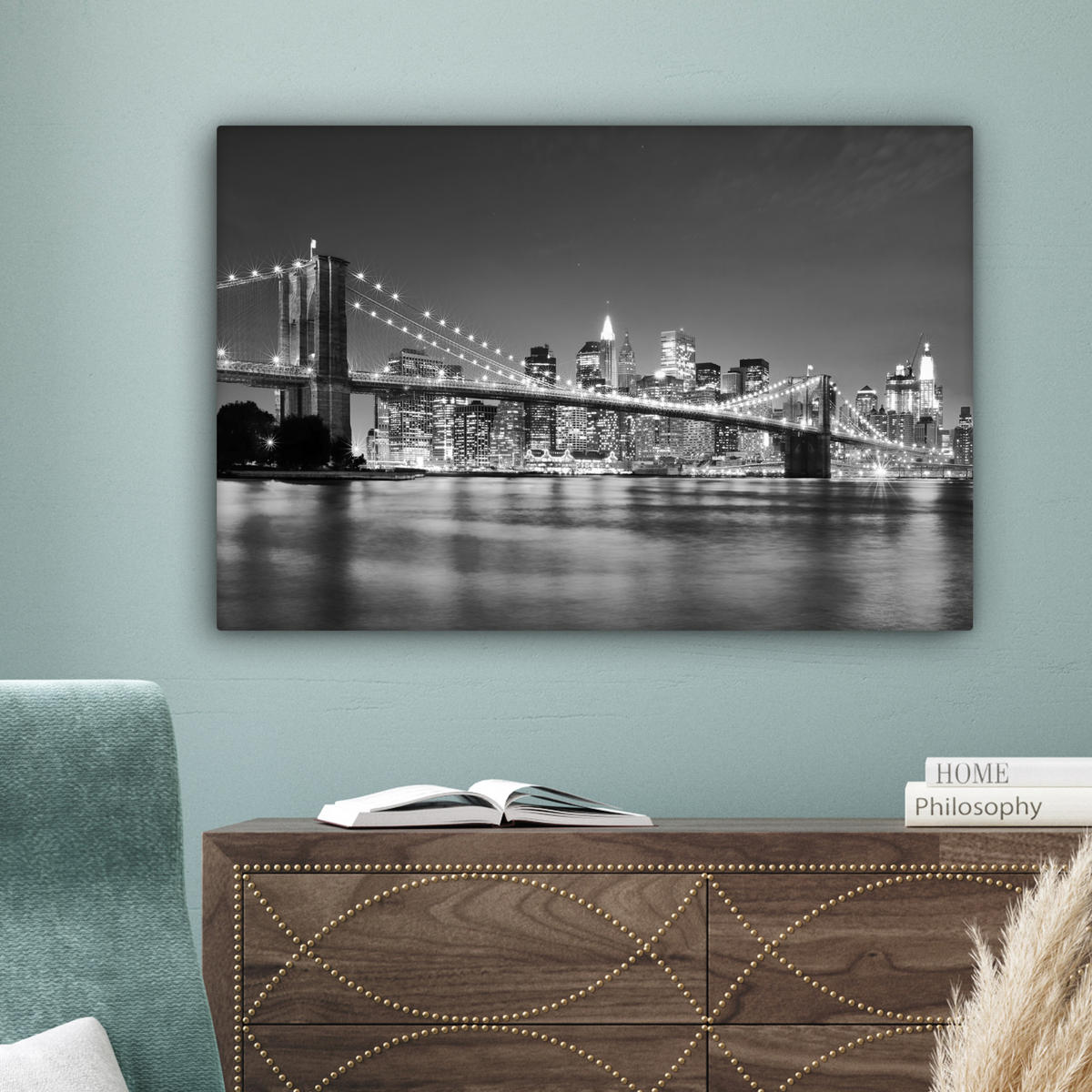 LEINWANDBILD - New York - Brücke - Brooklyn - Schwarz und weiß - Architektur - 90x60 - Deko Wohnzimmer - Schwarz, Textil (90/60cm) - MuchoWow