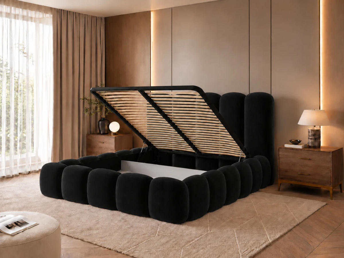 POLSTERBETT TEDDY 140x200 cm in Schwarz mit Metalllattenrost, Bettkasten, gepolstertes Kopfteil Velvet-Stoff - Schwarz, Holz/Textil (140/200cm) - EMLAR Home