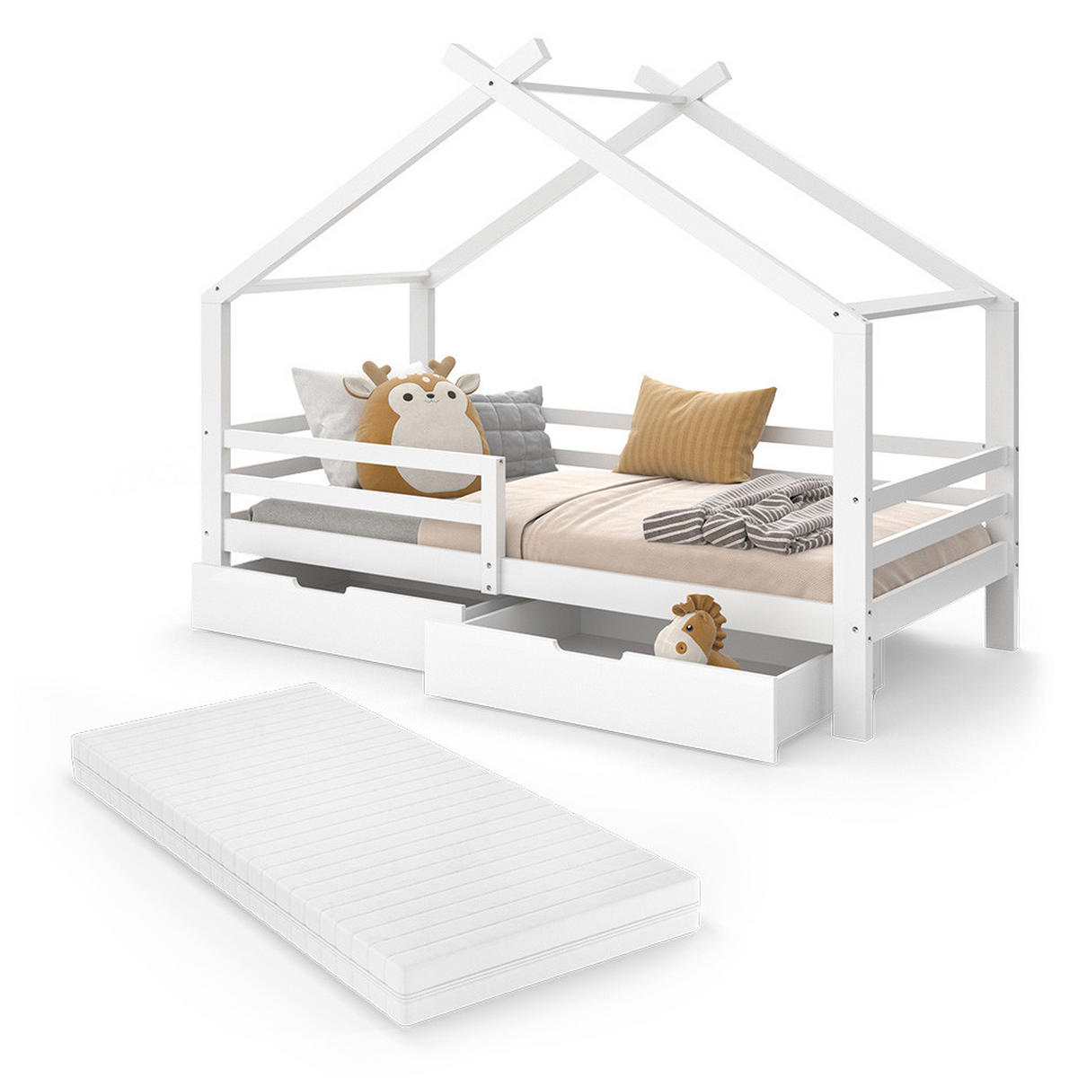 HAUSBETT Luni Weiß 200 x 90 cm mit Schubladen und Matratze - Weiß, Holz - VitaliSpa