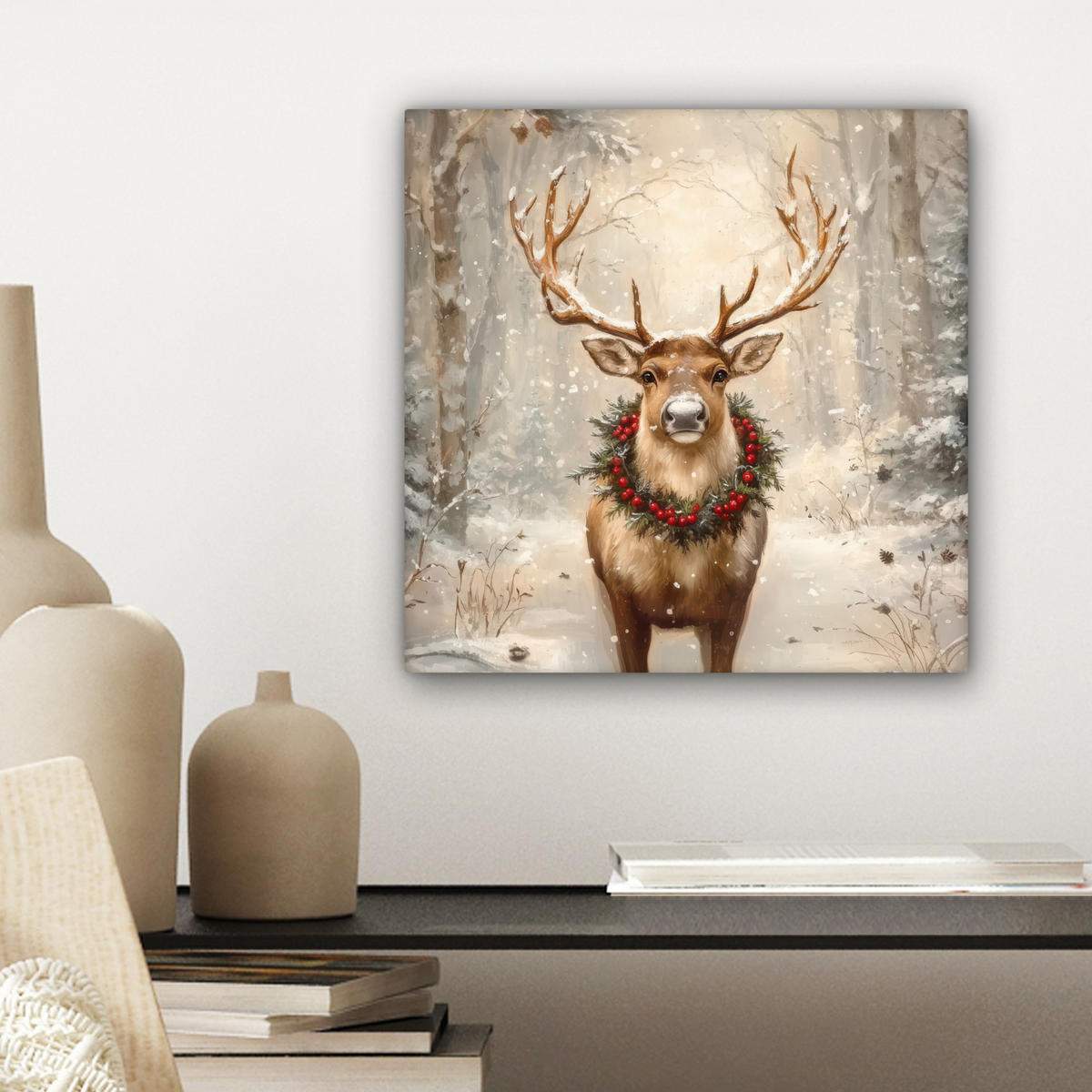 LEINWANDBILD Weihnachten - Rentier - Winter - Kranz Deko Wohnzimmer 20x20 cm - Braun, Textil (20/20cm) - MuchoWow