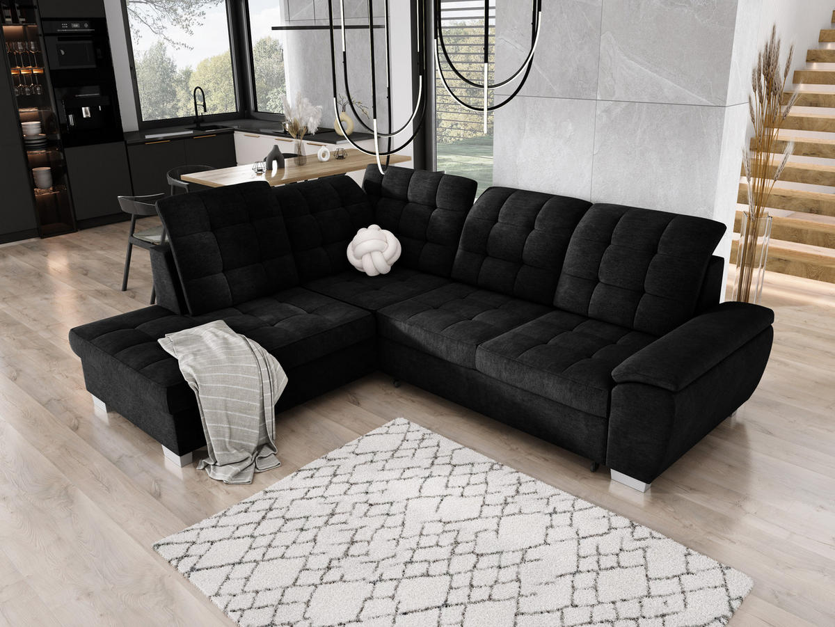 ECKSOFA LOTTA L-förmig Bettkasten verstellbare Kopfstützen hochwertige Verarbeitung lose Rückenkissen freistehend LINKS 212x258x106 cm Black - Schwarz, Holz/Textil (212/258cm) - DomoHome