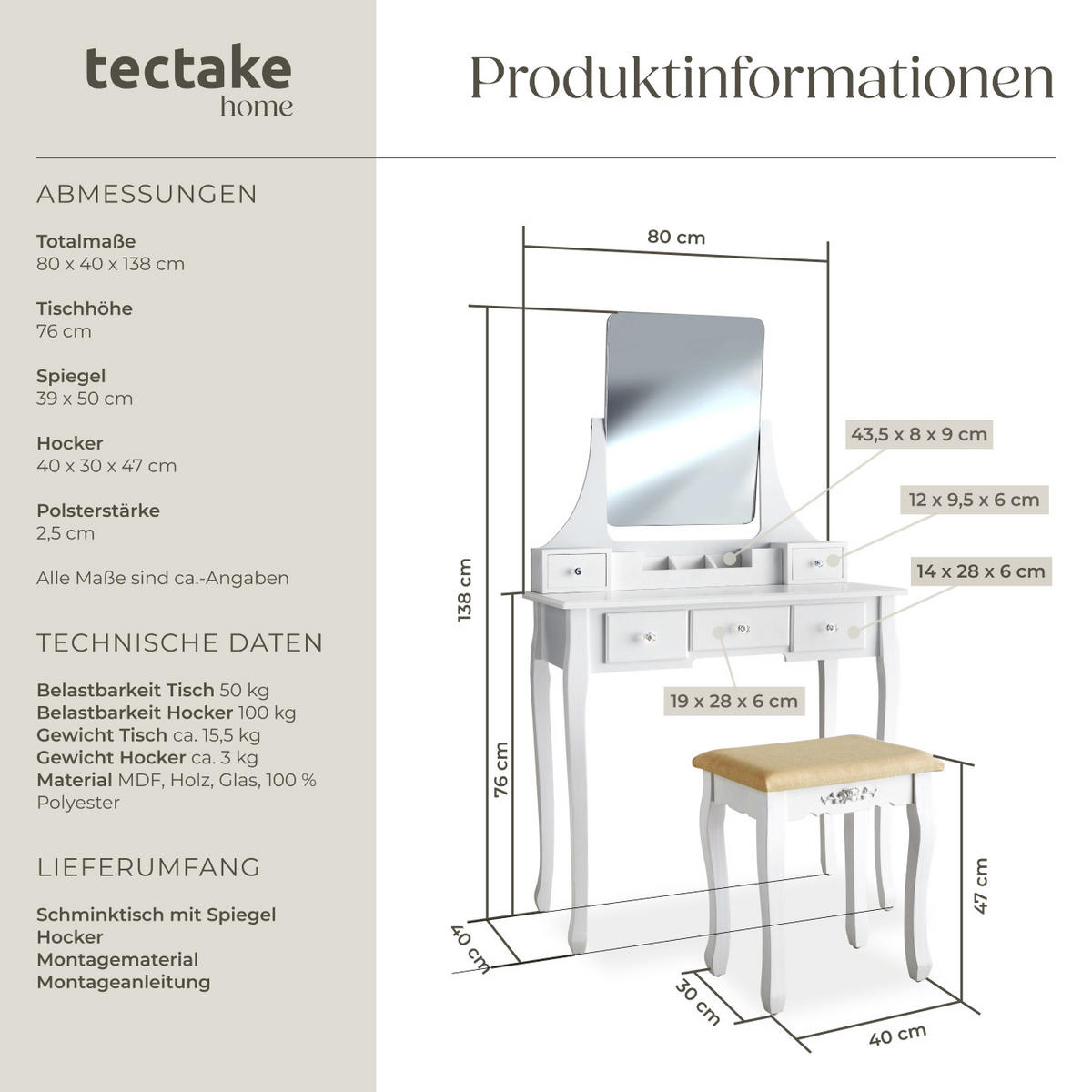 SCHMINKTISCH Claire,80 x 40 x 138 cm,weiß - Weiß, Holz (80/138/40cm) - tectake