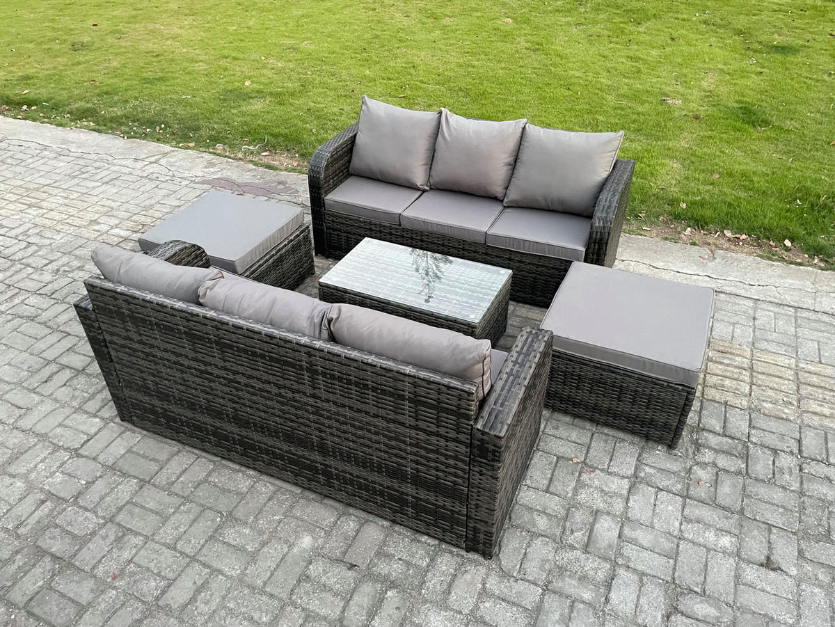 GARTENMÖBEL-SET mit Kissen Polyrattan Dunkelgrau 8-Sitzer - Dunkelgrau/Grau, Glas/Kunststoff - Fimous