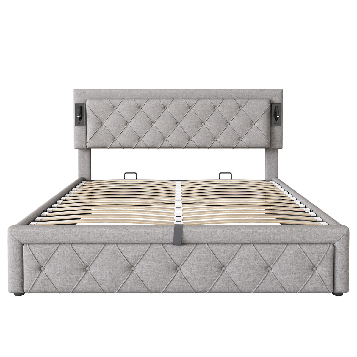 POLSTERBETT aus Leinen 160x200 cm Grau mit USB-Anschluss, Downlight und hydraulischem Bettkasten - Grau, Textil (160/200cm) - Modfu