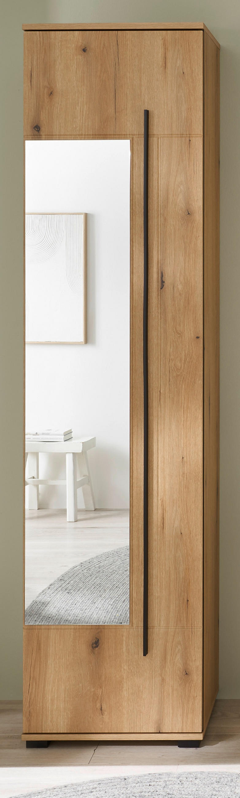 SCHUHSCHRANK Evoke Eiche 50 x 200 cm, Garderobenschrank mit Spiegel - Eichefarben/Schwarz, Glas/Holzwerkstoff (50/200/39cm) - Furn.Design