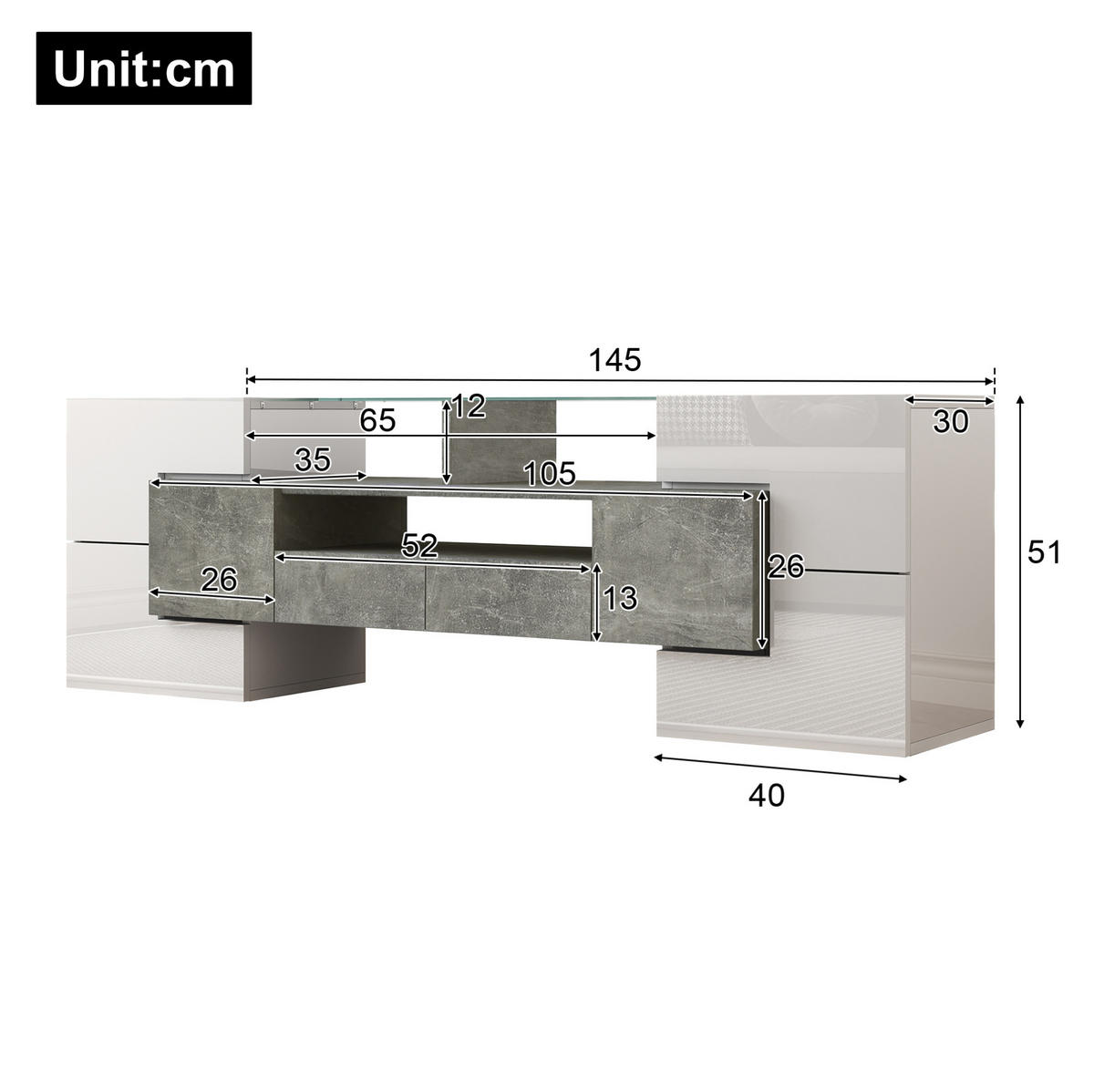 TV-SCHRANK in Hochglanz Weiß/Beton mit LED, 6 Türen und 2 Schubladen 145/30/51 cm - Weiß, Holzwerkstoff (145/51/30cm) - Redom