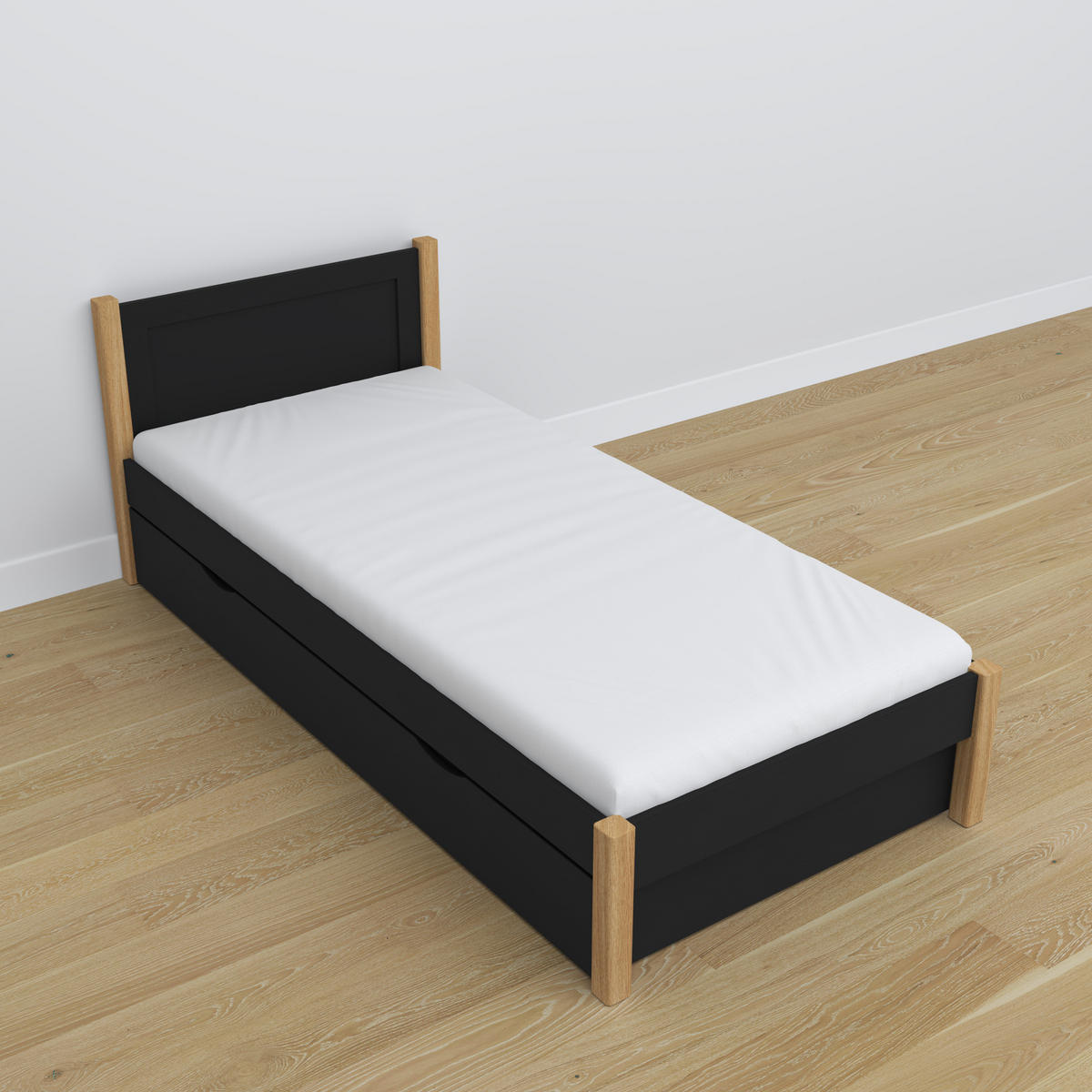 BETT mit Schublade N02 Schwarz / Eiche Natur 90/190 - Schwarz/Eiche Artisan, Naturmaterialien/Holz (90/190cm) - N-Wood