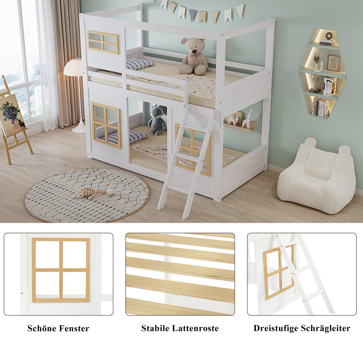 ETAGENBETT 90/200 cm aus Kiefer/MDF mit Fenstern, Trittleiter und Rundum-Absturzschutz, Weiß/Natur - Weiß, Holzwerkstoff (90/200cm) - Redom