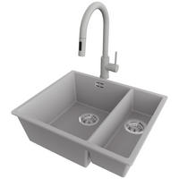 UNTERBAUSPÜLE GRANIT London Duo, 2-er set Grau 56/47 cm 1,5 Becken + Küchenarmatur 40/20 cm + Ablauf-Set ab 60er Unterschrank - Chromfarben/Grau, Kunststoff (56/20/47cm) - Primagran