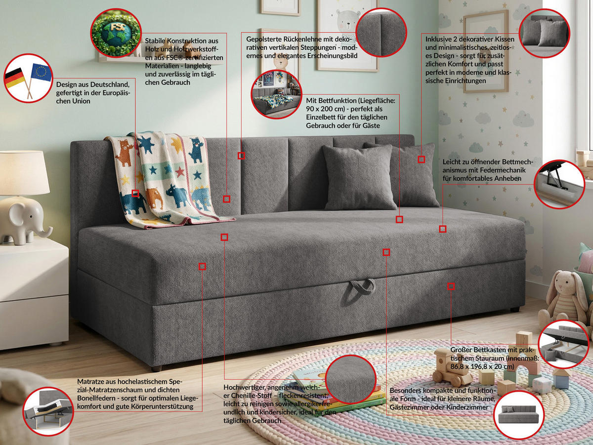 TAGESBETT Lenny mit Rückenlehne und großem Bettkasten aus Grau Chenille-Stoff - Schwarz/Grau, Holz/Kunststoff (90/200cm) - S-Style Möbel