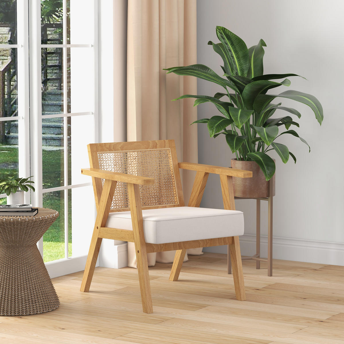 SESSEL Wohnzimmer Relaxsessel mit Armlehnen, Sitzkissen, Rattan-Rückenlehne - Weiß, Kunststoff (63/78/69cm) - HOMCOM