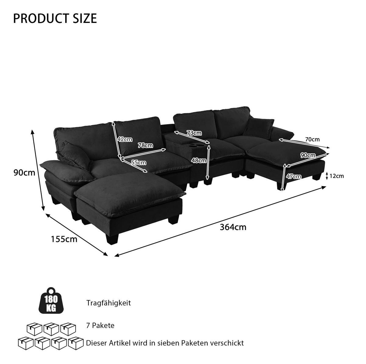 WOHNLANDSCHAFT aus Chenille in Schwarz mit USB-Anschluss & Stauraum - Schwarz, Textil (155/90/364cm) - Modfu