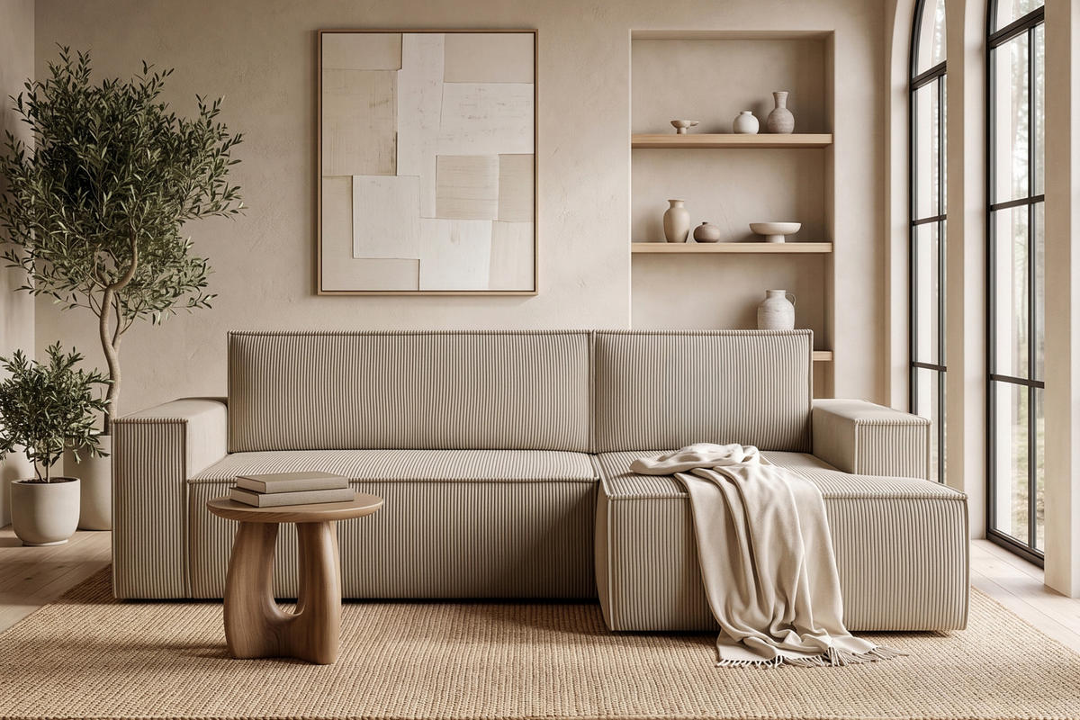 ECKSCHLAFSOFA-RECHTS NAPI in Pet Friendly Cord-Stoff, beige - Beige/Schwarz, Textil (262/148cm) - KONSIMO®