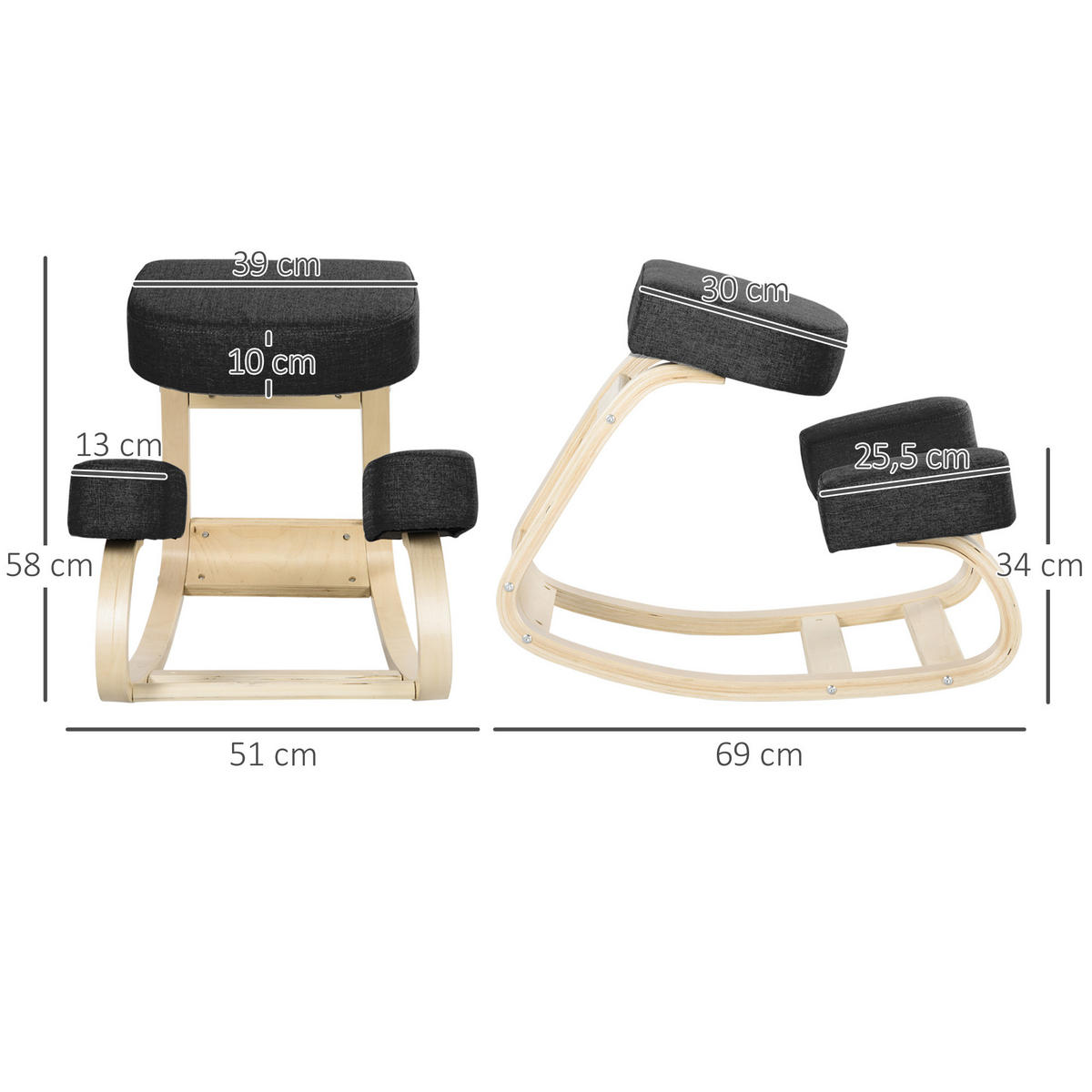 KNIESTUHL, ergonomischer Sitzhocker, Polsterhocker, 120 kg belastbar, Schwarz - Schwarz, Holz/Textil (51/58/69cm) - Vinsetto
