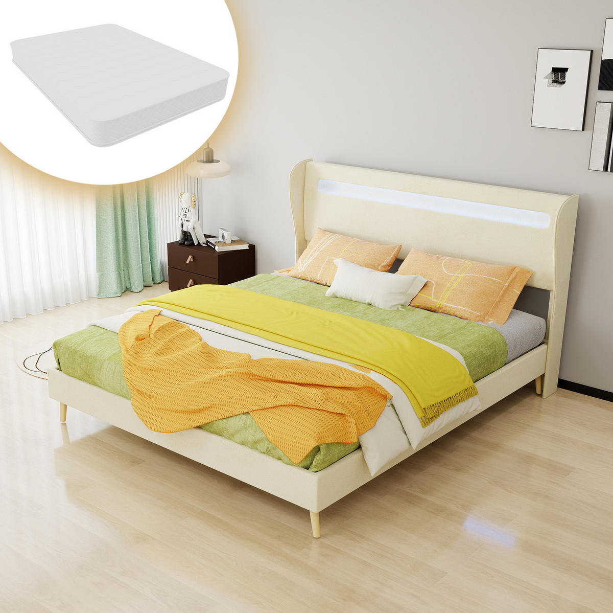 POLSTERBETT 160/200 cm mit verstellbarer Rückenlehne und LED-Beleuchtung, Beige - Beige, Textil (160/200cm) - Redom