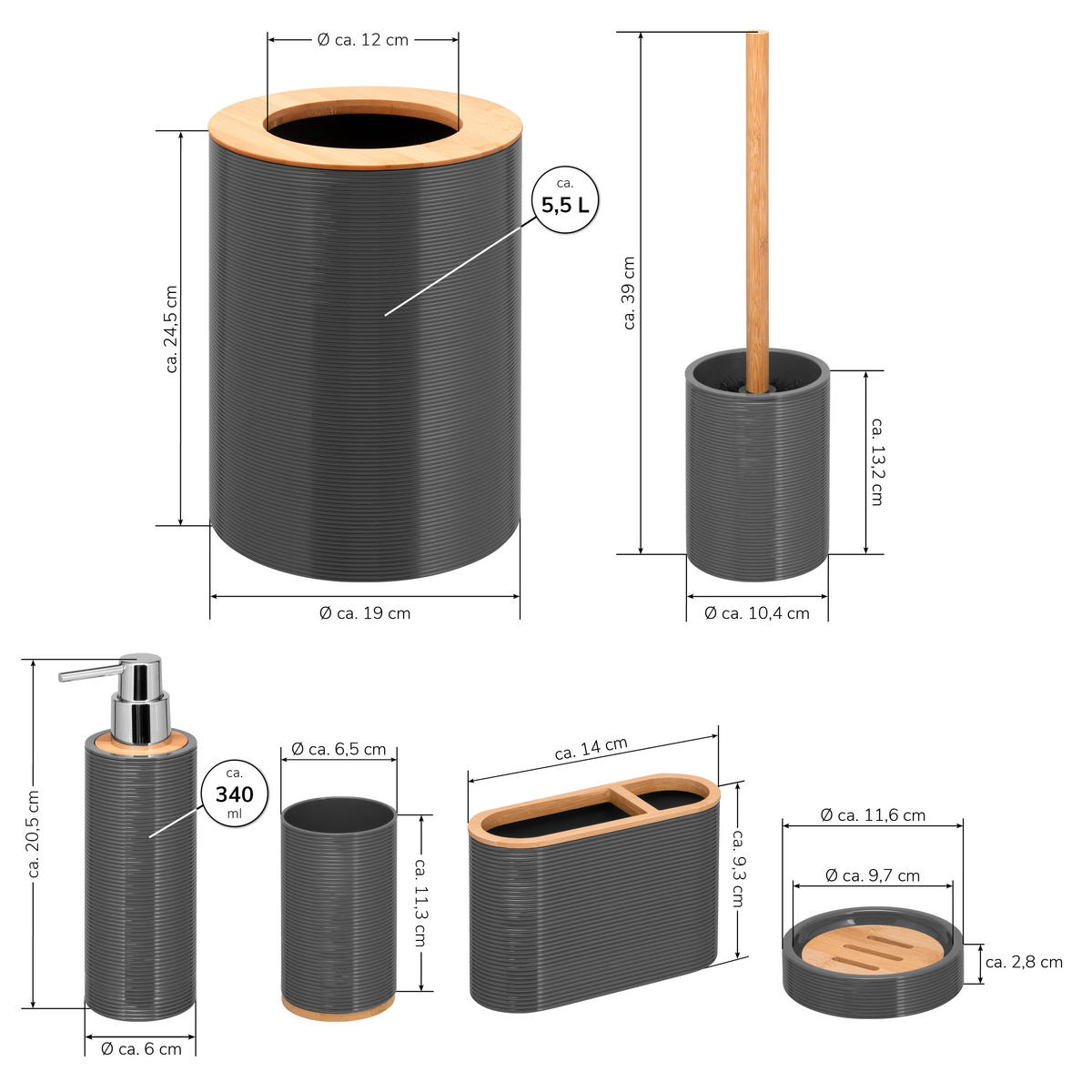 BADEZIMMER-SET 6tlg. SEGNO, grau - Grau, Kunststoff (19/24.5/19cm) - bremermann