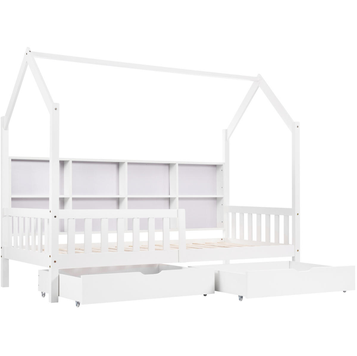 KINDERBETT Hausbett 90/200 cm aus Kiefer massiv mit Bücherregal, 2 Schubladen und Rausfallschutz, Weiß - Weiß, Holz (90/200cm) - Redom