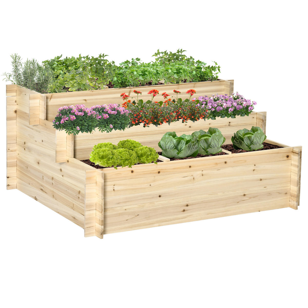 HOCHBEET, 3-stufige Blumenkasten, für Garten, Balkon, Tannenholz, Natur - Fichtefarben, Holz (100/54/117cm) - Outsunny